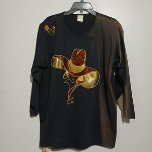 Black Long Sleeve Ladies Shirt with Gold and Brown Hat Design. NWT. Size XL
